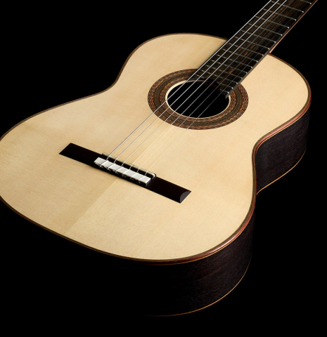 The soundboard of a 2026 Brian Itzkin classical guitar made of spruce and CSA rosewood