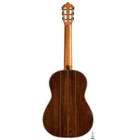 The back of a 2026 Brian Itzkin "635" classical guitar made of spruce and CSA rosewood