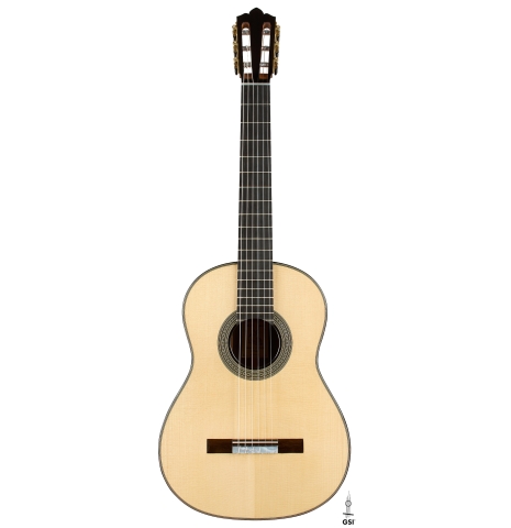 The front of a 2026 Brian Itzkin "635" classical guitar made of spruce and CSA rosewood