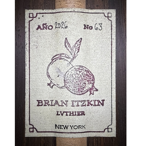 The label of a 2026 Brian Itzkin "635" classical guitar made of spruce and CSA rosewood