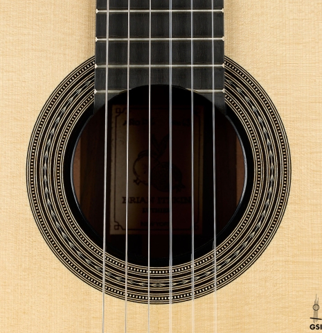 The rosette of a 2026 Brian Itzkin "635" classical guitar made of spruce and CSA rosewood