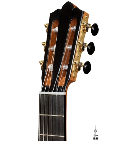 The headstock of a 2026 Brian Itzkin "635" classical guitar made of spruce and CSA rosewood
