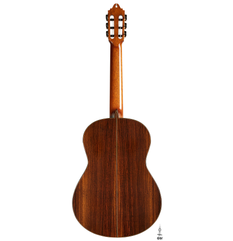 The back of a 2002 Paul Jacobson classical guitar made of cedar and Indian rosewood