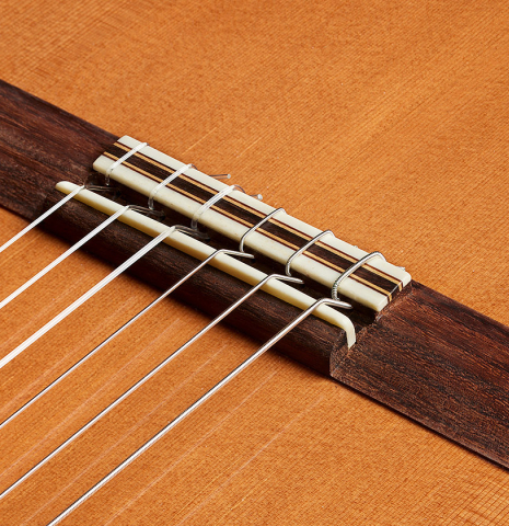 The bridge, tie-block and saddle of a 2002 Paul Jacobson classical guitar made of cedar and Indian rosewood