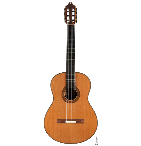 The front of a 2002 Paul Jacobson classical guitar made of cedar and Indian rosewood
