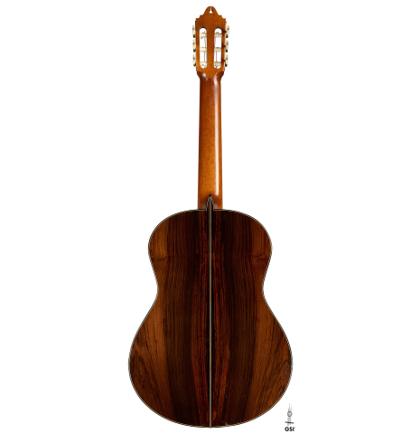 The back of a 1997 Paul Jacobson classical guitar made of cedar and CSA rosewood