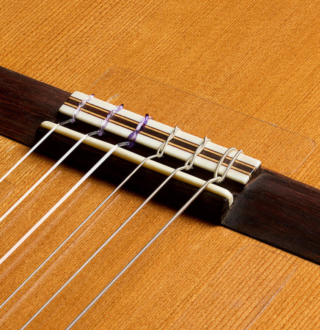 The bridge, tie-block and saddle of a 1997 Paul Jacobson classical guitar made of cedar and CSA rosewood