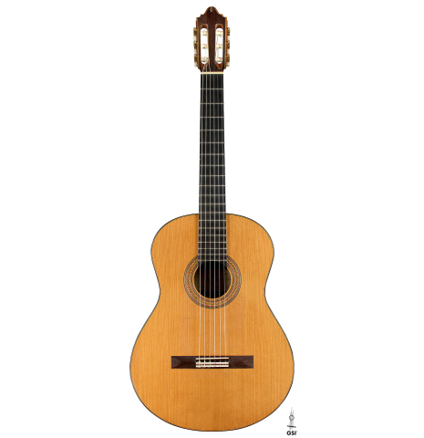 The front of a 1997 Paul Jacobson classical guitar made of cedar and CSA rosewood