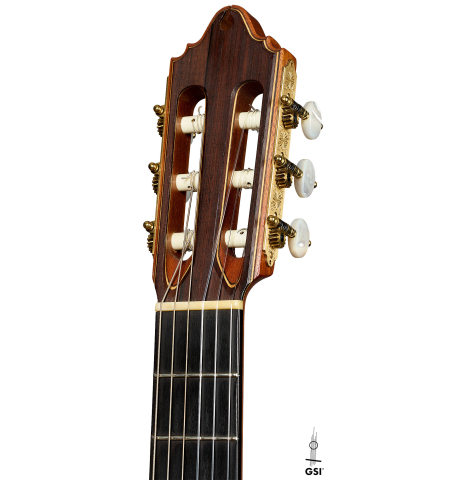 The headstock of a 1997 Paul Jacobson classical guitar made of cedar and CSA rosewood