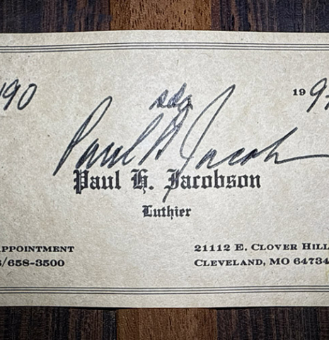 The label of a 1997 Paul Jacobson classical guitar made of cedar and CSA rosewood