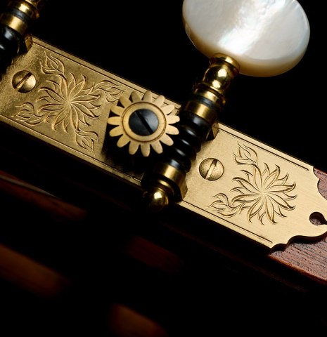 The Rodgers tuners of a 1997 Paul Jacobson classical guitar made of cedar and CSA rosewood