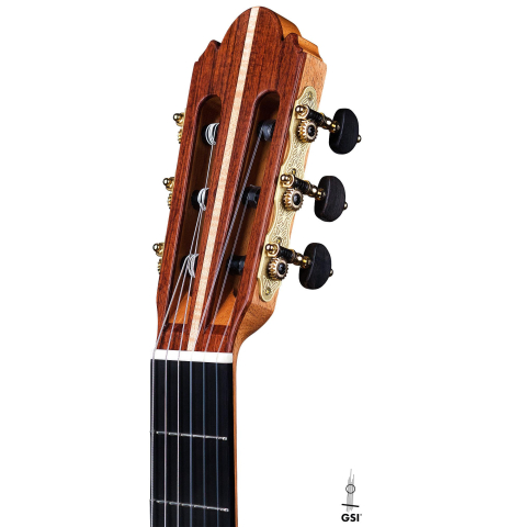 The headstock of a Wolfgang Jellinghaus "Signature CD/CD" classical guitar made of cedar and Granadillo
