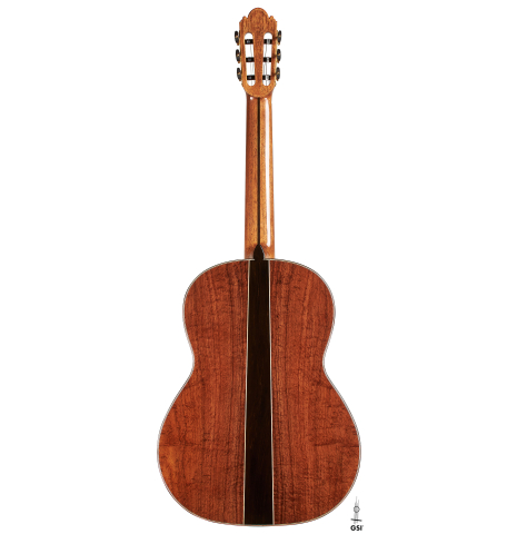 The back of a 2024 Wolfgang Jellinghaus "Signature CD/CD" classical guitar made of cedar and Granadillo