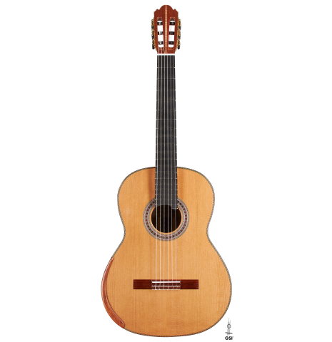 The front of a 2024 Wolfgang Jellinghaus "Signature CD/CD" classical guitar made of cedar and Granadillo