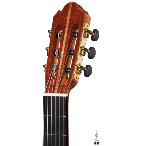 The headstock of a 2024 Wolfgang Jellinghaus "Signature CD/CD" classical guitar made of cedar and Granadillo
