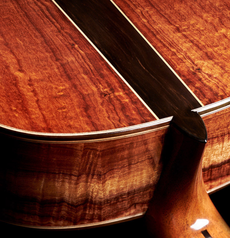 The heel and back binding of a 2024 Wolfgang Jellinghaus "Signature CD/CD" classical guitar made of cedar and Granadillo