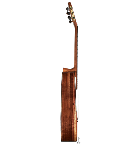 The side of a 2024 Wolfgang Jellinghaus "Signature CD/CD" classical guitar made of cedar and Granadillo