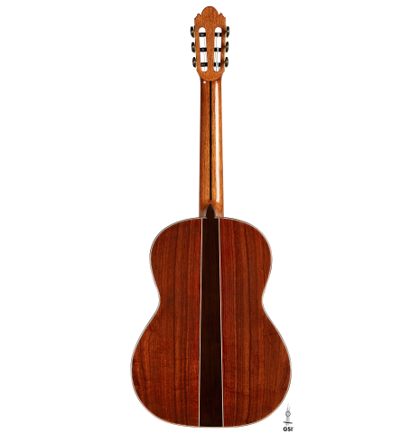 The back of a 2025 Wolfgang Jellinghaus "Signature CD/CD" classical guitar made of cedar and Granadillo