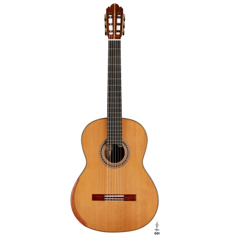 The front of a 2025 Wolfgang Jellinghaus "Signature CD/CD" classical guitar made of cedar and Granadillo