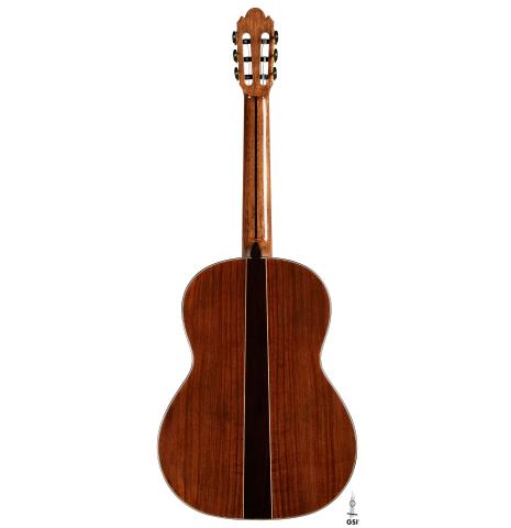 The back of a 2025 Wolfgang Jellinghaus "Signature CD/CD" classical guitar made of cedar and Granadillo