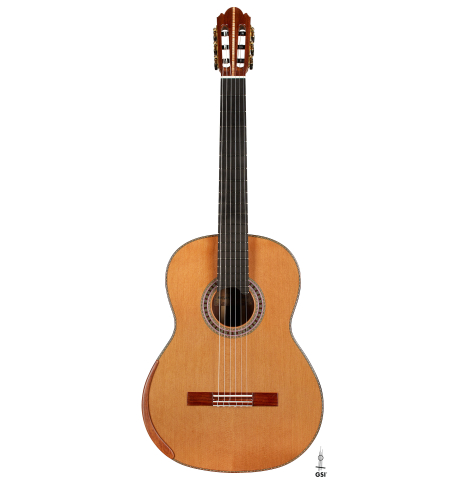 The front of a 2025 Wolfgang Jellinghaus "Signature CD/CD" classical guitar made of cedar and Granadillo