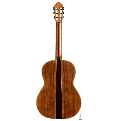 The back of a 2025 Wolfgang Jellinghaus "Signature CD/CD" classical guitar made of cedar and granadillo
