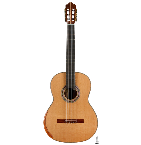 The front of a 2025 Wolfgang Jellinghaus "Signature CD/CD" classical guitar made of cedar and granadillo