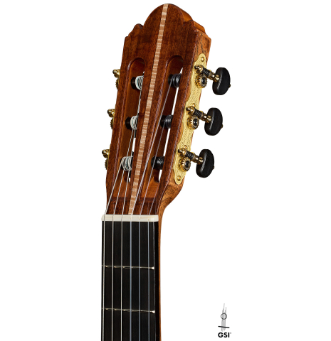 The headstock of a 2025 Wolfgang Jellinghaus "Signature CD/CD" classical guitar made of cedar and granadillo