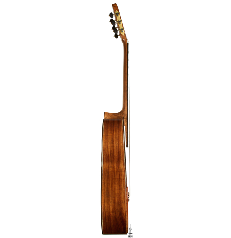 The side of a 2025 Wolfgang Jellinghaus "Signature CD/CD" classical guitar made of cedar and granadillo