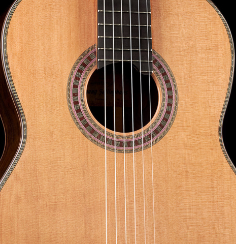 The soundboard of a 2023 Wolfgang Jellinghaus "Signature CD/CD" CD/ZR classical guitar.