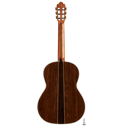 The back of a 2024 Wolfgang Jellinghaus "Signature CD/CD" classical guitar made of cedar and ziricote