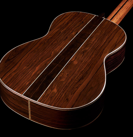 The back and sides of a 2024 Wolfgang Jellinghaus "Signature CD/CD" classical guitar made of cedar and ziricote