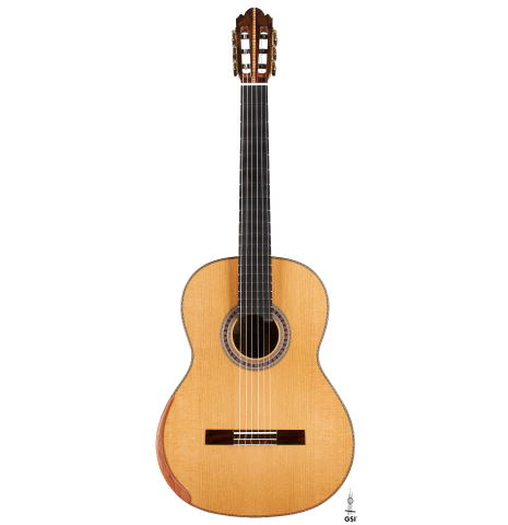 The front of a 2024 Wolfgang Jellinghaus "Signature CD/CD" classical guitar made of cedar and ziricote