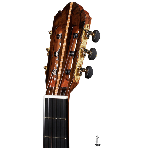 The headstock of a 2024 Wolfgang Jellinghaus "Signature CD/CD" classical guitar made of cedar and ziricote