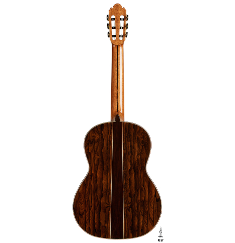 The back of a 2025 Wolfgang Jellinghaus "Signature CD/CD" classical guitar made of cedar and ziricote