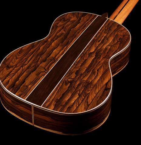 The back and sides of a 2025 Wolfgang Jellinghaus "Signature CD/CD" classical guitar made of cedar and ziricote