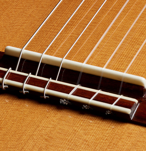 The bridge, tie-block and saddle of a 2025 Wolfgang Jellinghaus "Signature CD/CD" classical guitar made of cedar and ziricote