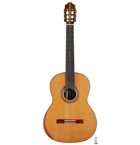 The front of a 2025 Wolfgang Jellinghaus "Signature CD/CD" classical guitar made of cedar and ziricote