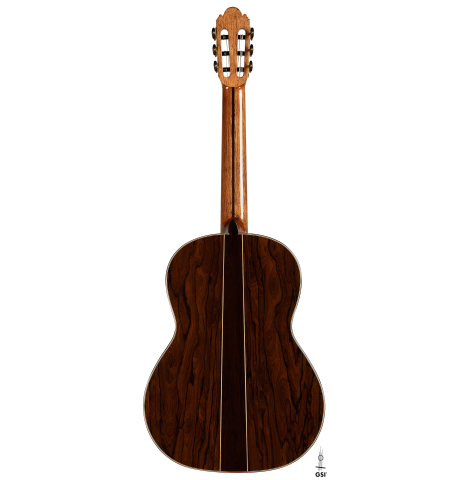 The back of a 2025 Wolfgang Jellinghaus "Signature CD/CD" classical guitar made of cedar and ziricote