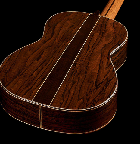 The back and sides of a 2025 Wolfgang Jellinghaus "Signature CD/CD" classical guitar made of cedar and ziricote