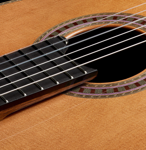 The top and rosette of a 2025 Wolfgang Jellinghaus "Signature CD/CD" classical guitar made of cedar and ziricote