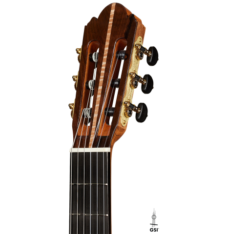 The headstock of a 2025 Wolfgang Jellinghaus "Signature CD/CD" classical guitar made of cedar and ziricote