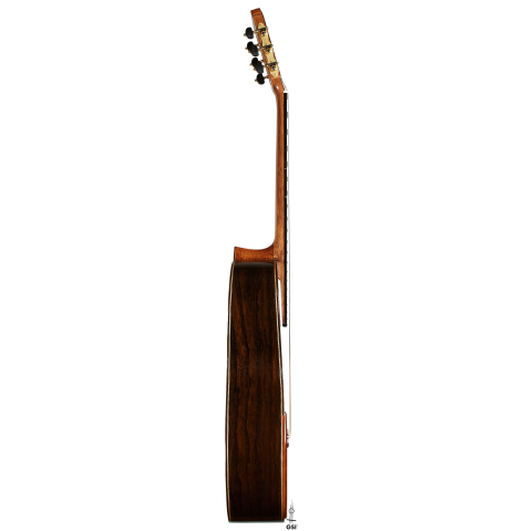 The side of a 2025 Wolfgang Jellinghaus "Signature CD/CD" classical guitar made of cedar and ziricote