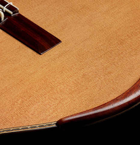 The soundboard and armrest of a 2025 Wolfgang Jellinghaus "Signature CD/CD" classical guitar made of cedar and ziricote