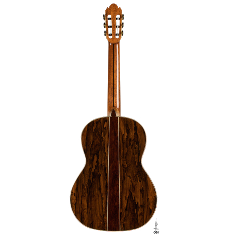 The back of a 2025 Wolfgang Jellinghaus "Signature CD/CD" classical guitar made of cedar and ziricote