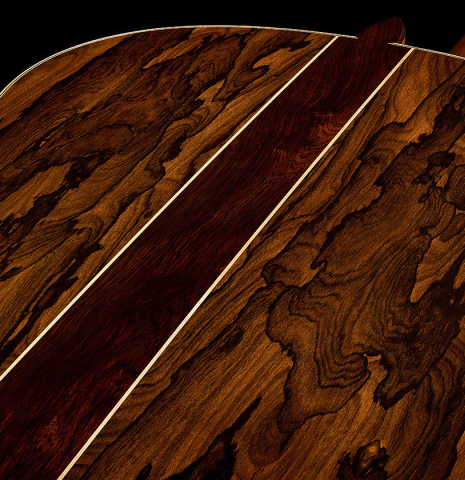 The back central wedge of a 2025 Wolfgang Jellinghaus "Signature CD/CD" classical guitar made of cedar and ziricote