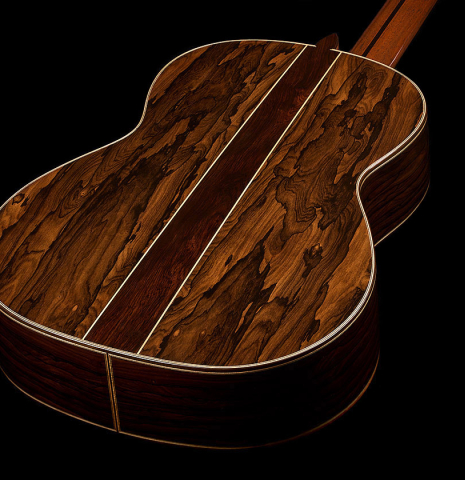 The back and sides of a 2025 Wolfgang Jellinghaus "Signature CD/CD" classical guitar made of cedar and ziricote