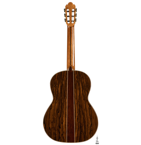 The back of a 2025 Wolfgang Jellinghaus "Signature CD/CD" classical guitar made of cedar and ziricote