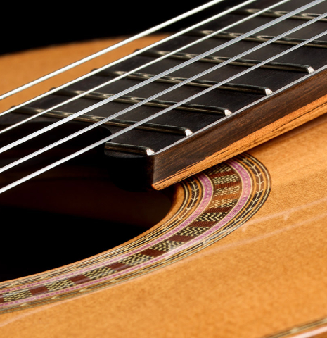 The elevated fingerboard and soundboard of a 2025 Wolfgang Jellinghaus "Signature CD/CD" classical guitar made of cedar and ziricote