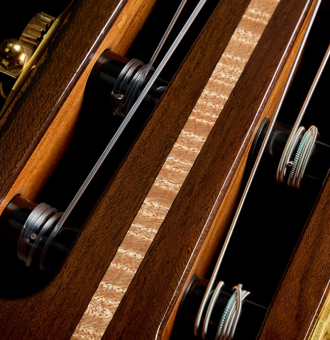The headstock veneer and tuning machines of a 2025 Wolfgang Jellinghaus "Signature CD/CD" classical guitar made of cedar and ziricote